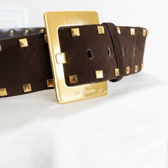 St. John Studded Brown Leather Belt w/ Bold Gold Buckle, Size 32 - Picture 4 of 5